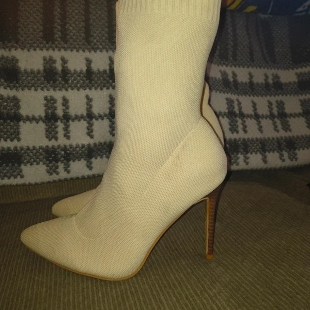 Cream Pointed-Toe Stiletto Sock Boot